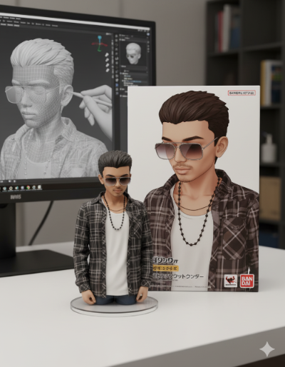 Action figure and packaging of a character with sunglasses, with a computer screen displaying 3D modeling in the background.